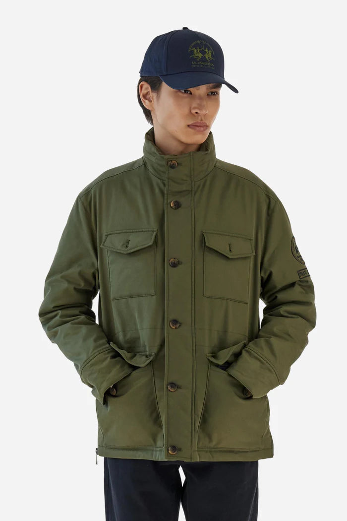 La Martina Padded Field Jacket in Cotton Twill with Cargo Pockets | Bronze Green
