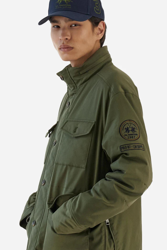 La Martina Padded Field Jacket in Cotton Twill with Cargo Pockets | Bronze Green
