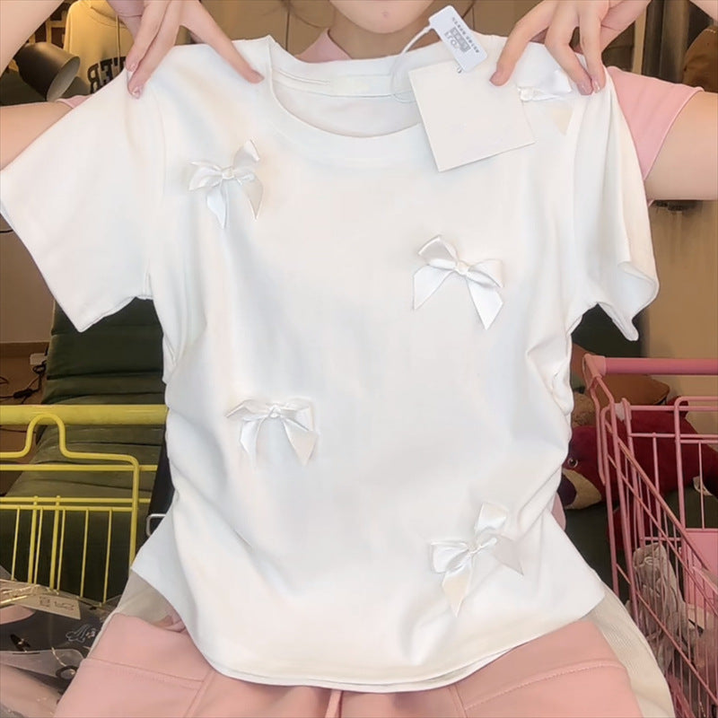 Never Needy Bow Knot Short Sleeve Patchwork T-Shirt | White