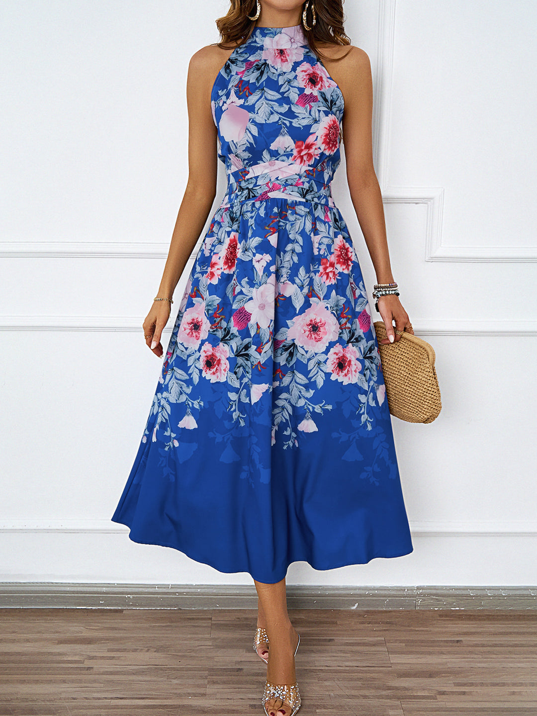 Never Needy Elegant Flower Daily Street Halter Neck Sleeveless Dress | Dark Blue