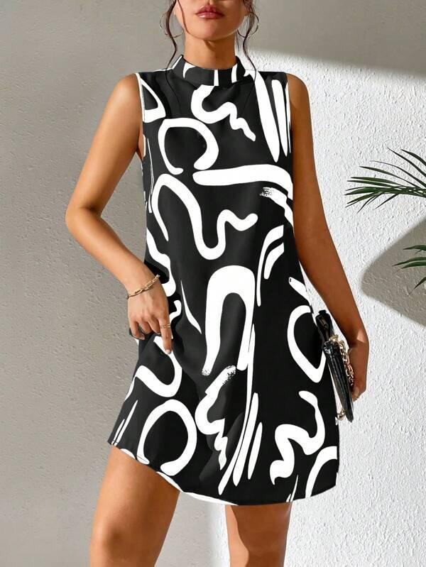 Never Needy Printed Vertical Collar Dress | Black
