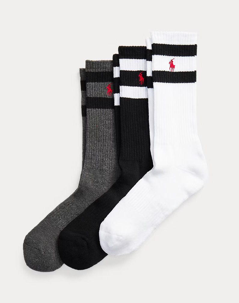 Ralph Lauren Logo Athletic Crew Sock three-pack | Black/White/Grey