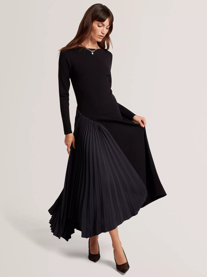 Ted Baker Belviee Long Sleeve A-Line Pleated Midi Dress | Navy