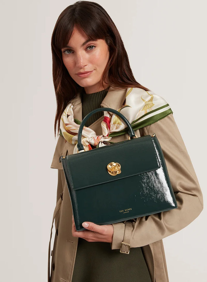 Ted Baker Rosenau Raose Detail Crinkle Top Handle Satchel Bag | Dark Green