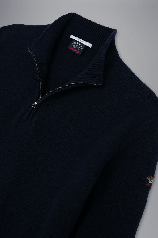 Paul & Shark Re-Wool Half Zip Shetland Sweater with Badge | Navy