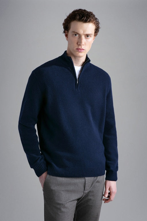 Paul & Shark Re-Wool Half Zip Shetland Sweater with Badge | Navy