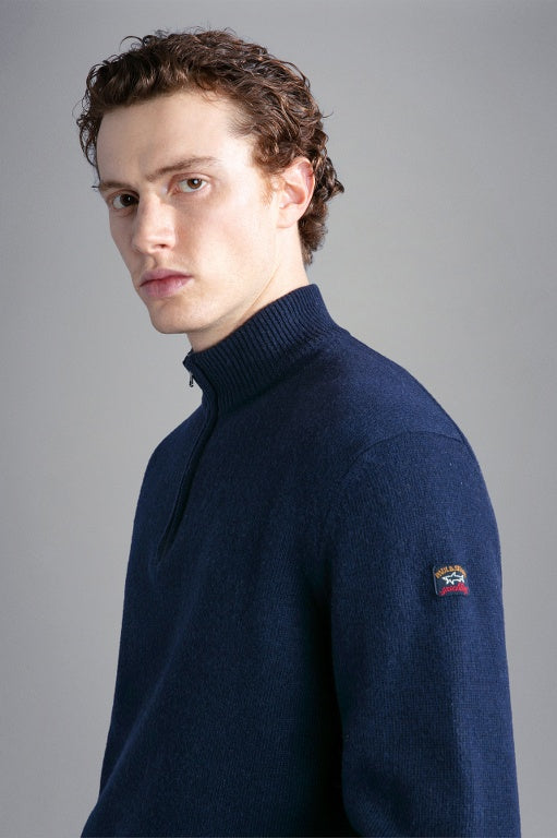 Paul & Shark Re-Wool Half Zip Shetland Sweater with Badge | Navy