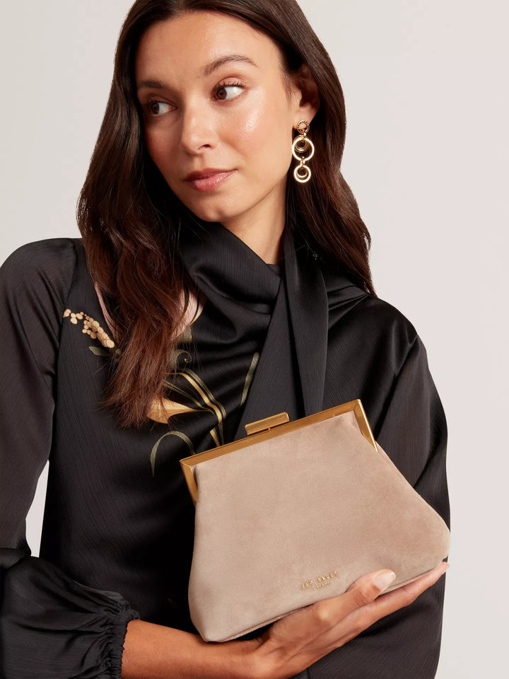 Ted Baker Purcela Suede Faux Fur Handle Clutch Bag | Taupe