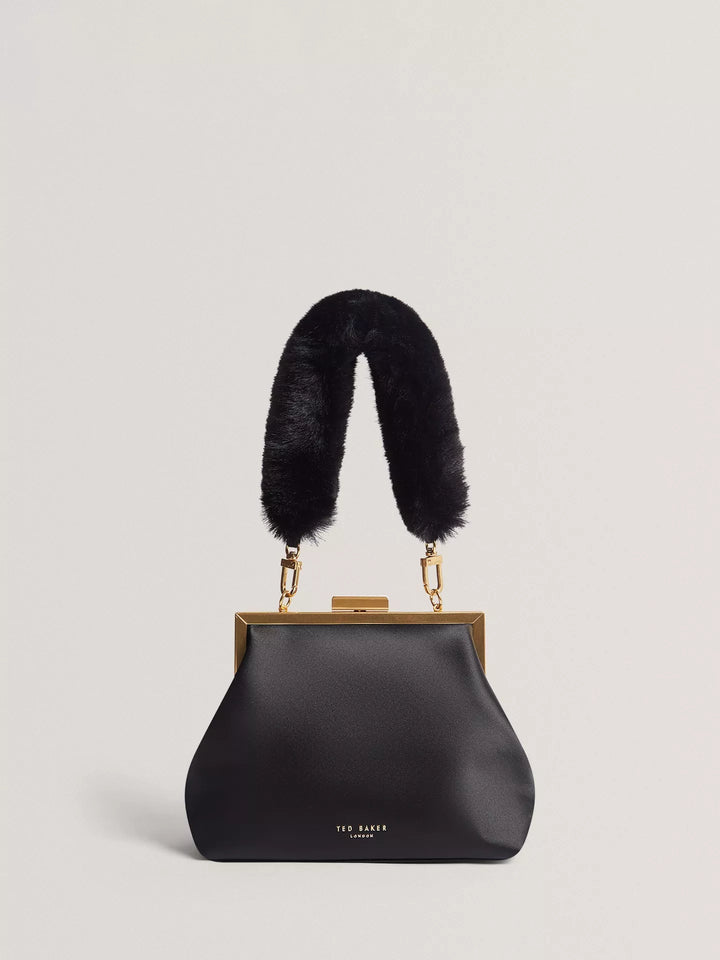 Ted Baker Purcey Satin Clutch Bag With Faux Fur Handle | Black
