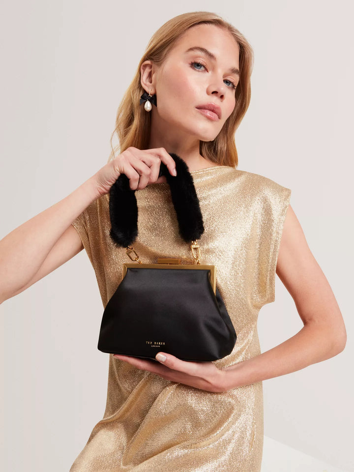 Ted Baker Purcey Satin Clutch Bag With Faux Fur Handle | Black