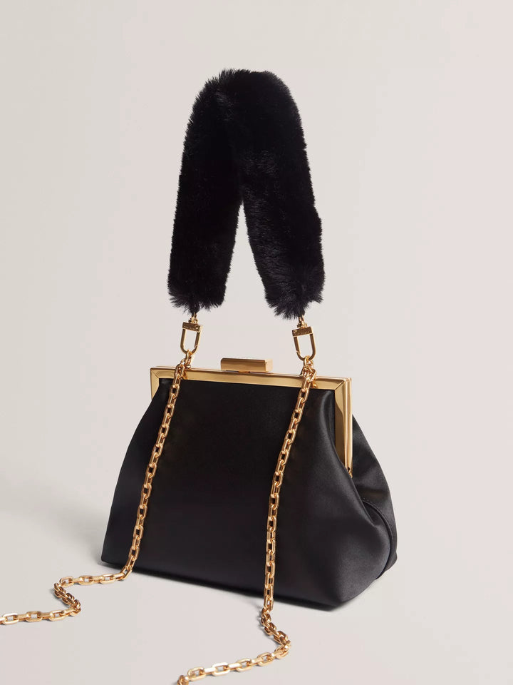 Ted Baker Purcey Satin Clutch Bag With Faux Fur Handle | Black