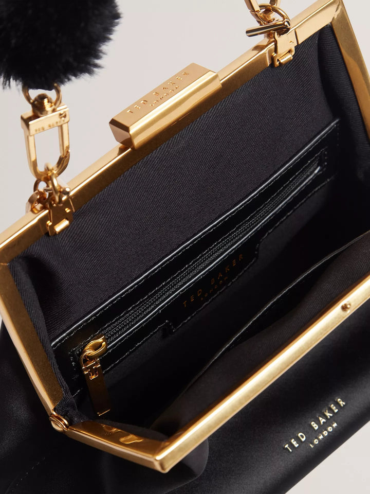 Ted Baker Purcey Satin Clutch Bag With Faux Fur Handle | Black