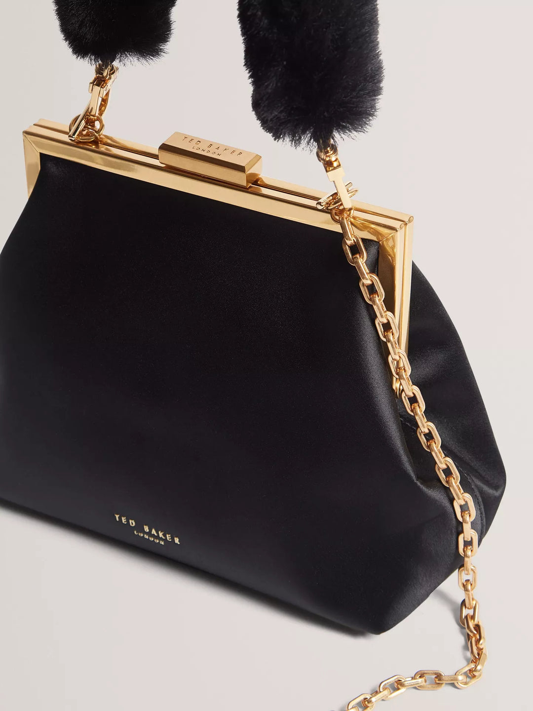 Ted Baker Purcey Satin Clutch Bag With Faux Fur Handle | Black