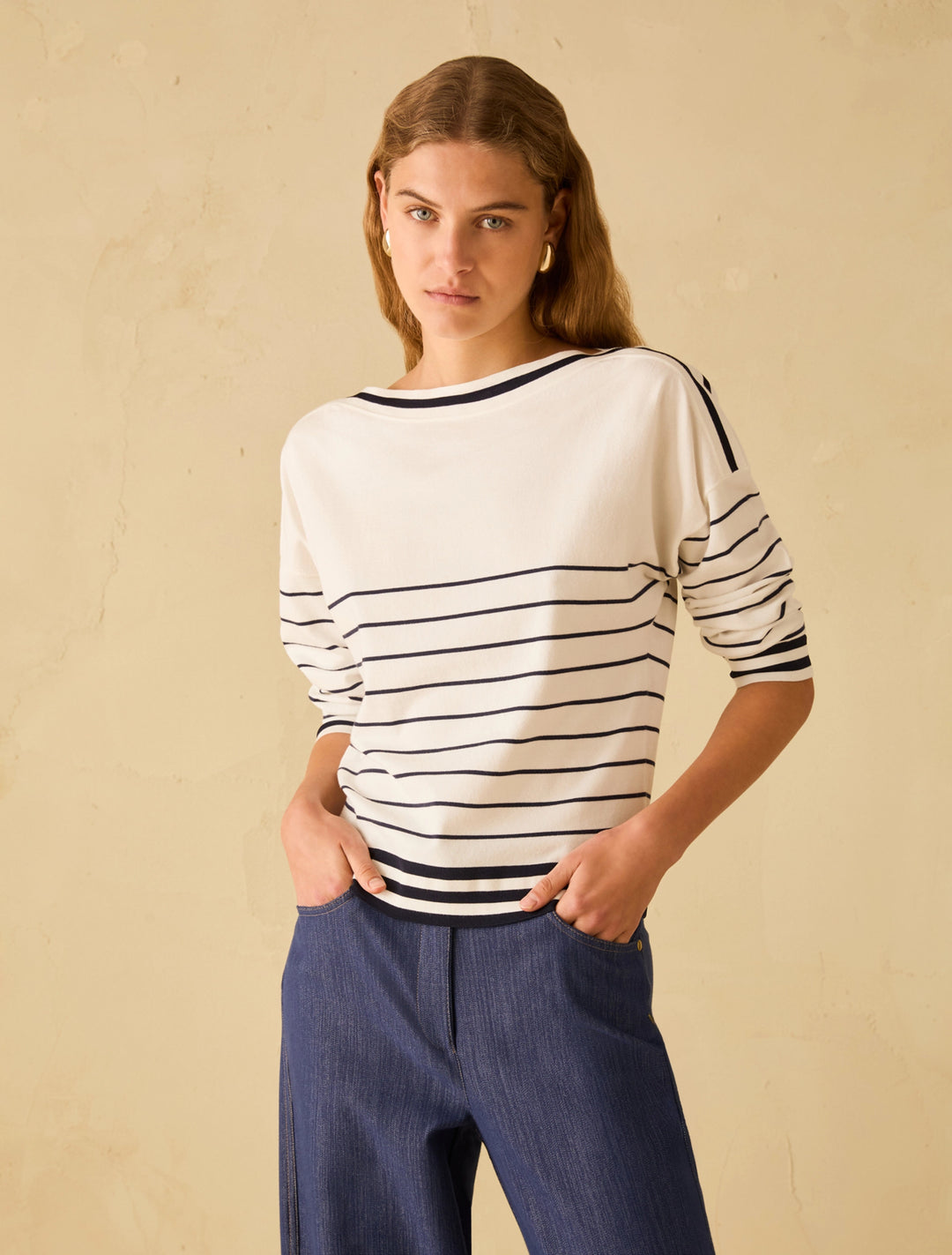 PennyBlack Stretch knit Sailor-stripe Sweater | Ivory/Blue