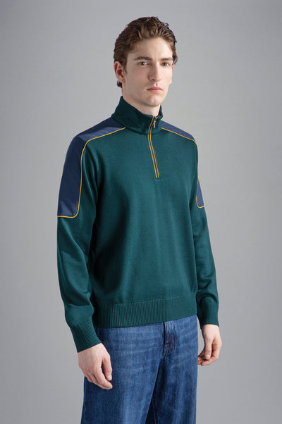 Paul & Shark Wool Half Zip Sweater with Save the Sea Fabric | Green