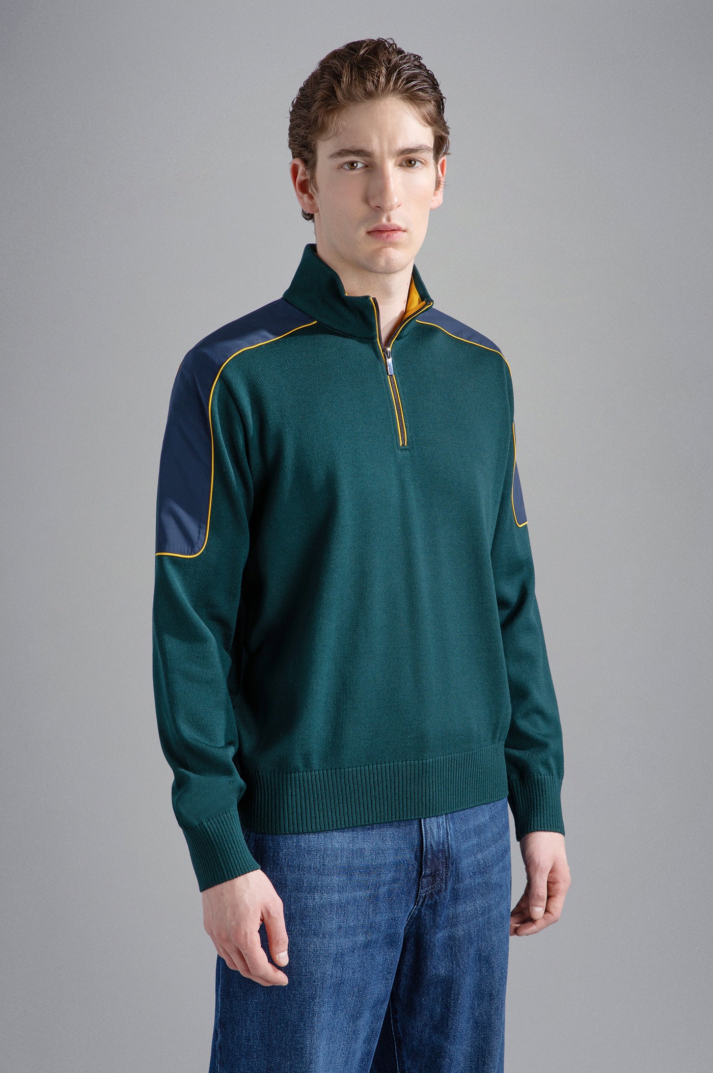 Paul & Shark Wool Half Zip Sweater with Save the Sea Fabric | Green