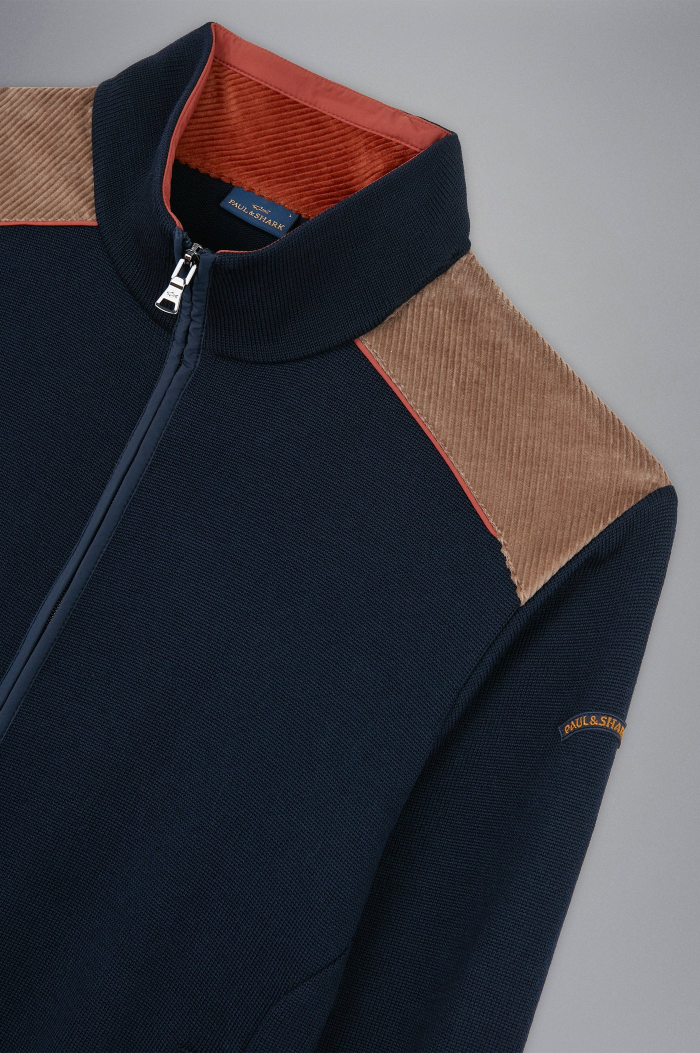 Paul & Shark Wool Cardigan with Corduroy Details and Moon Badge | Navy