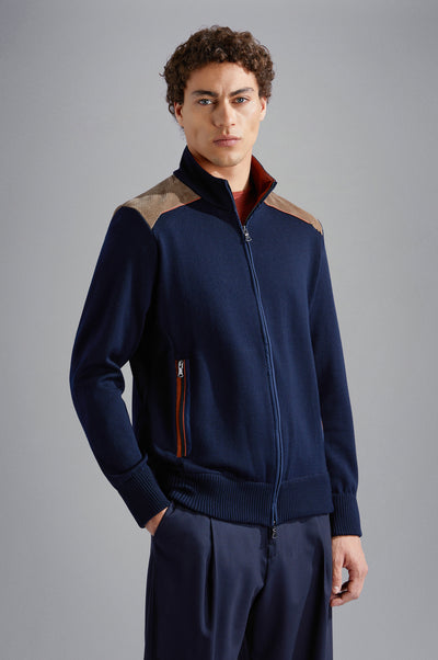 Paul & Shark Wool Cardigan with Corduroy Details and Moon Badge | Navy