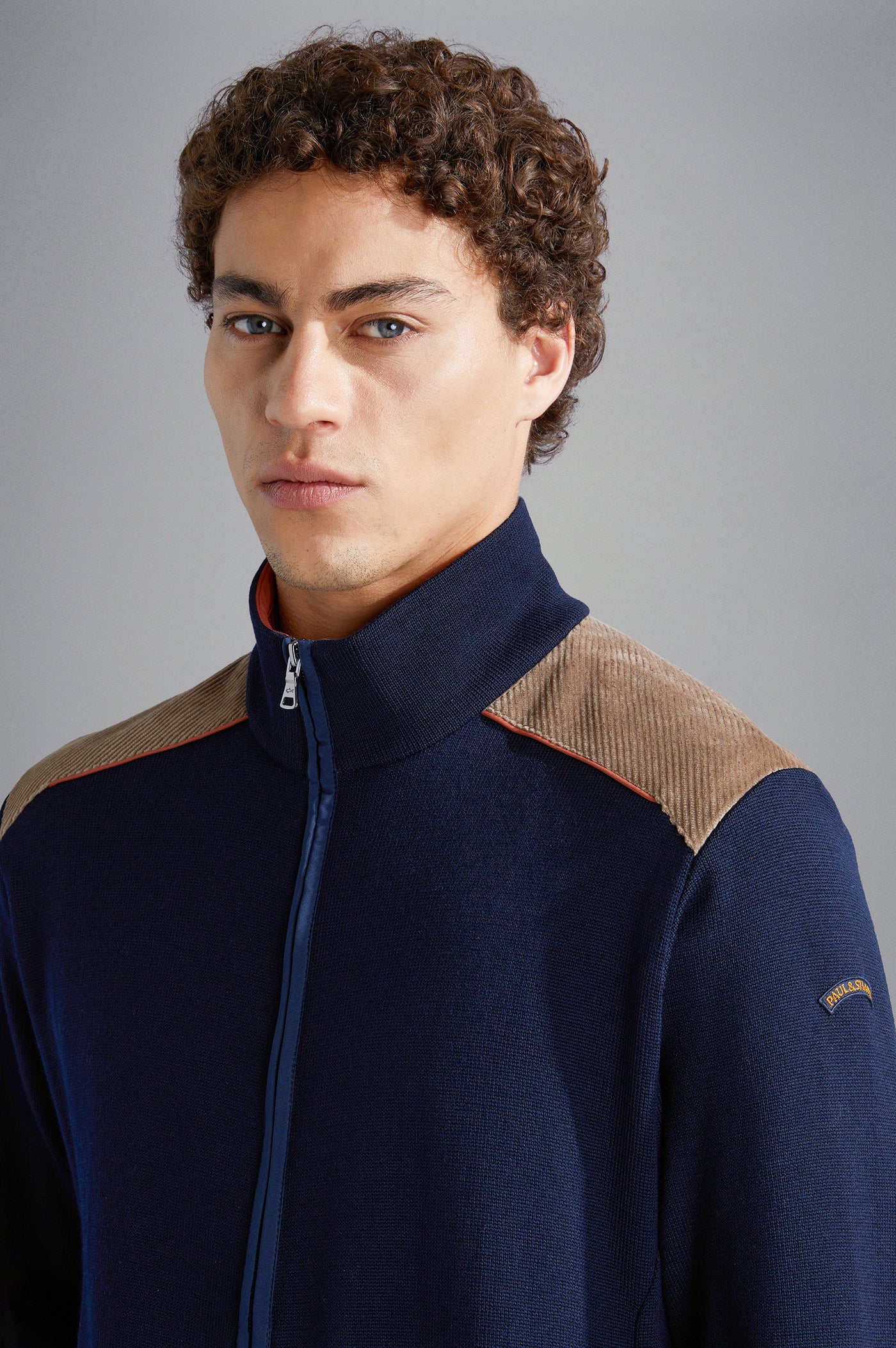 Paul & Shark Wool Cardigan with Corduroy Details and Moon Badge | Navy