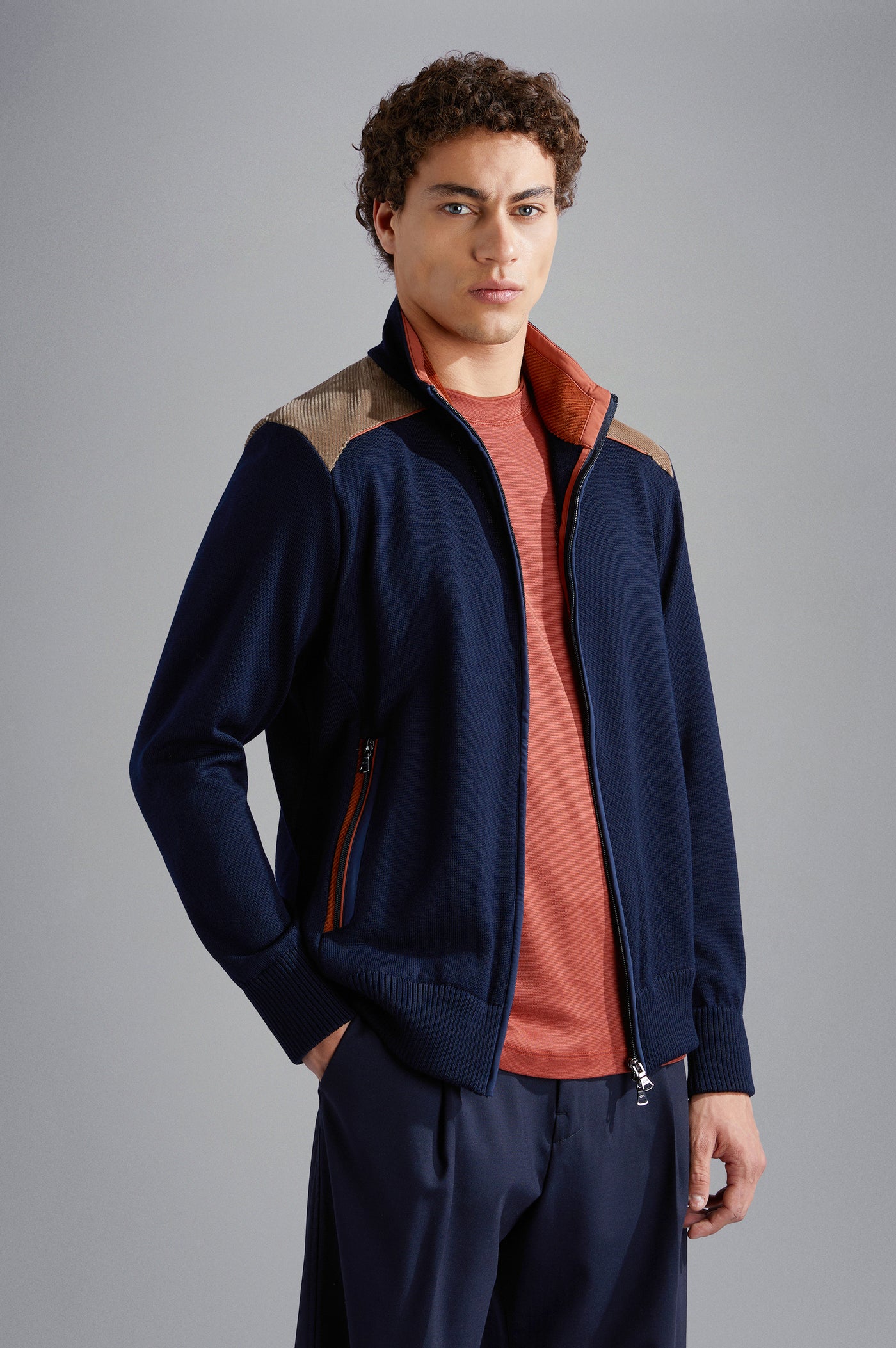 Paul & Shark Wool Cardigan with Corduroy Details and Moon Badge | Navy