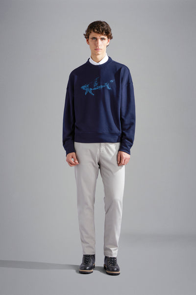 Paul & Shark Winter Fleece Cotton Sweatshirt with Printed Shark | Navy