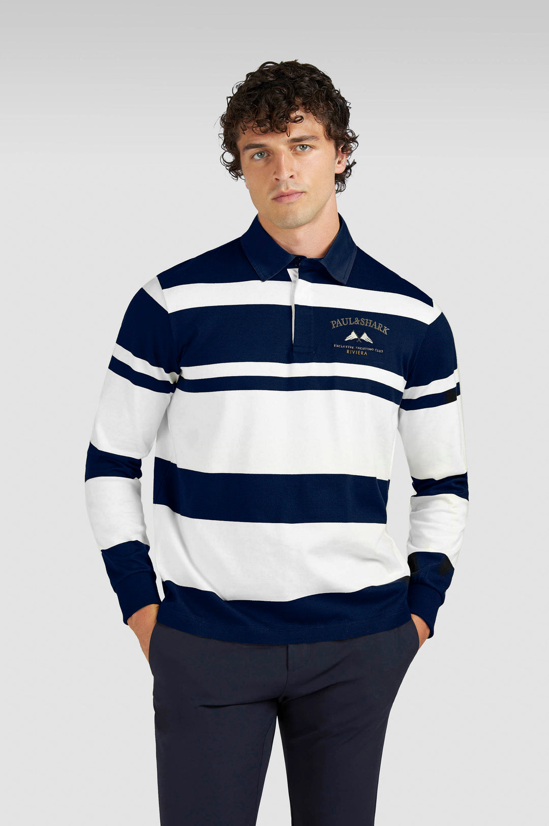 Paul & Shark Cotton Jersey Rugby Polo with Embroidery | Navy/White