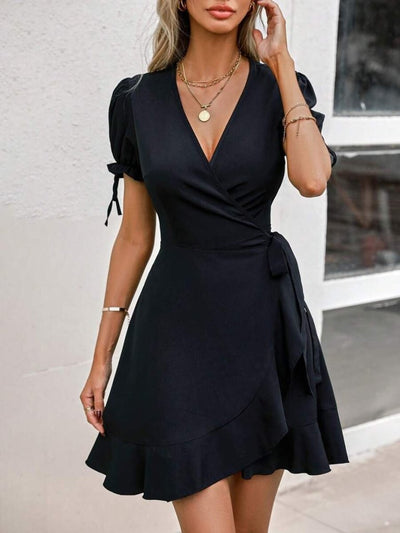 Never Needy Elegant Wrap Dress With Puff Short Sleeves | Black