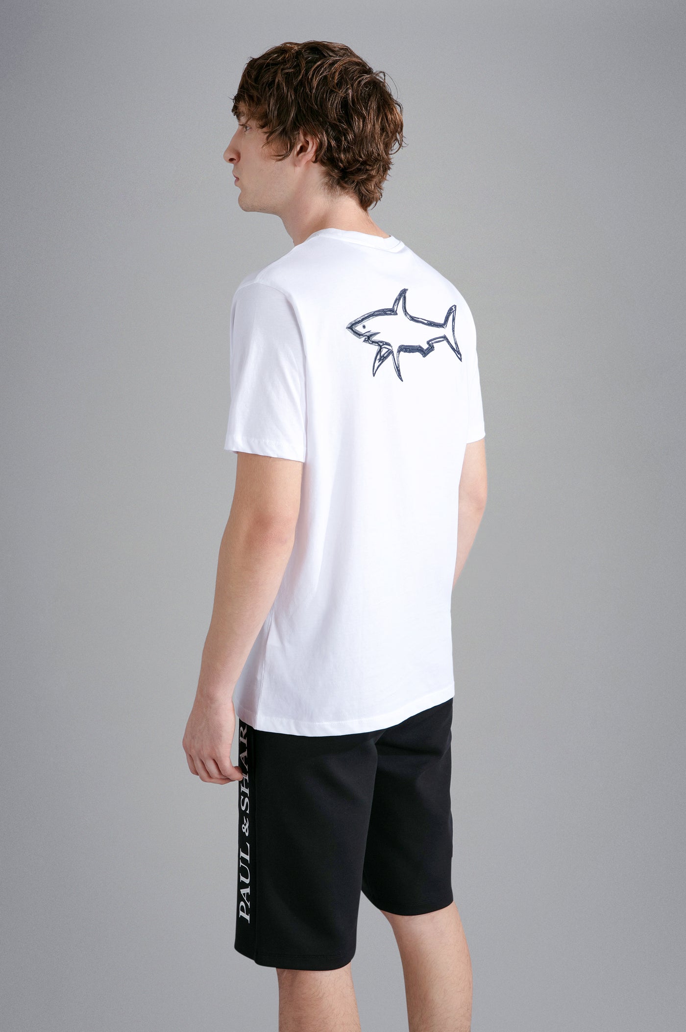 Paul & Shark Organic Cotton T-Shirt with Shark Print and P&S Badge | White