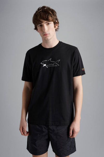 Paul & Shark T-shirt in Cotton with Shark Application and Writing | Black