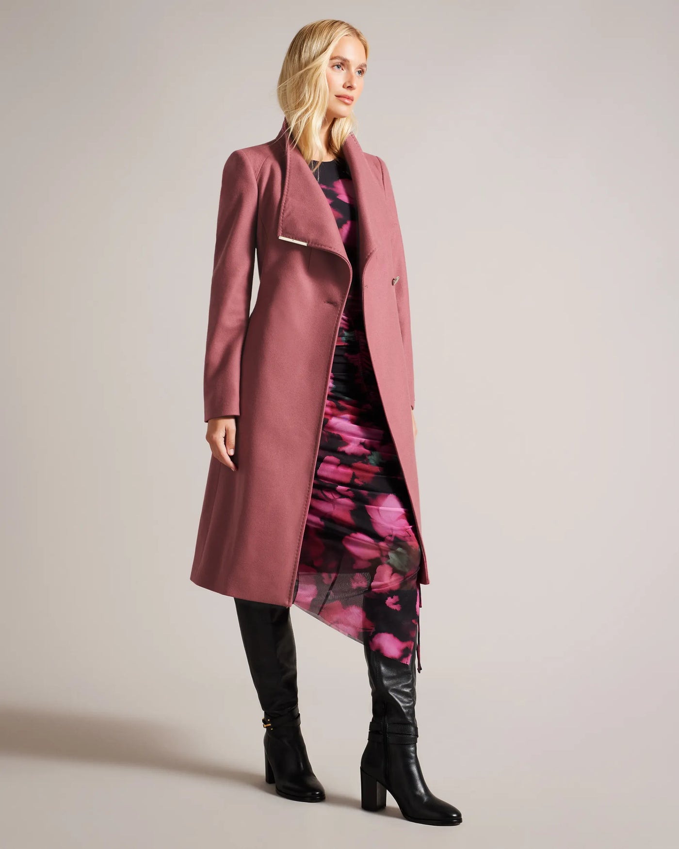 Ted Baker Rose Wool Wrap Midi Coat | Dusky Pink