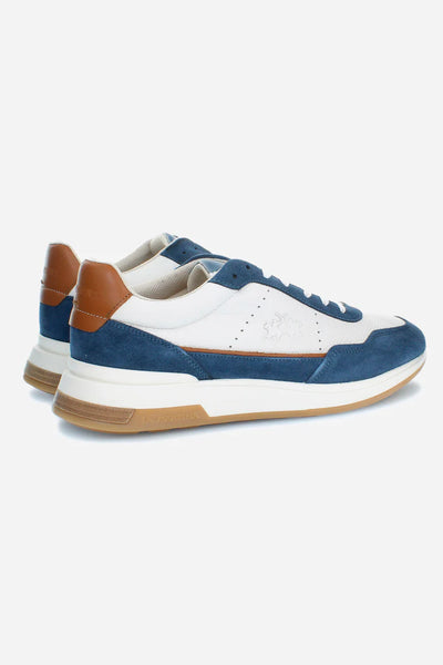 La Martina Men's trainer in Leather and Suede with Contrasting Inserts | White/Navy