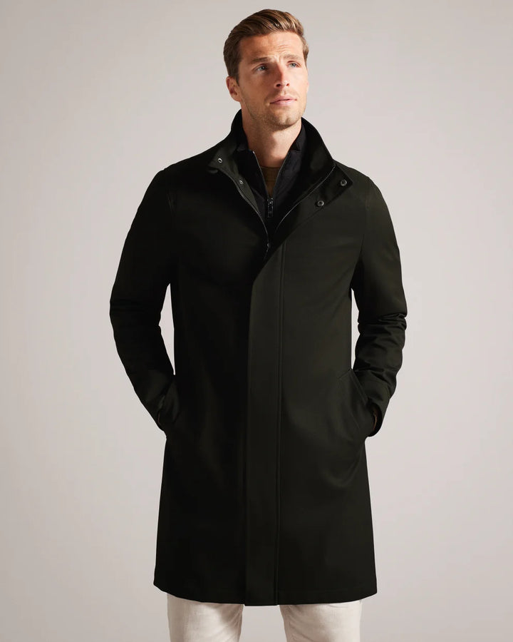 Ted Baker Erolson Longline Funnel Neck Coat | Dark Green