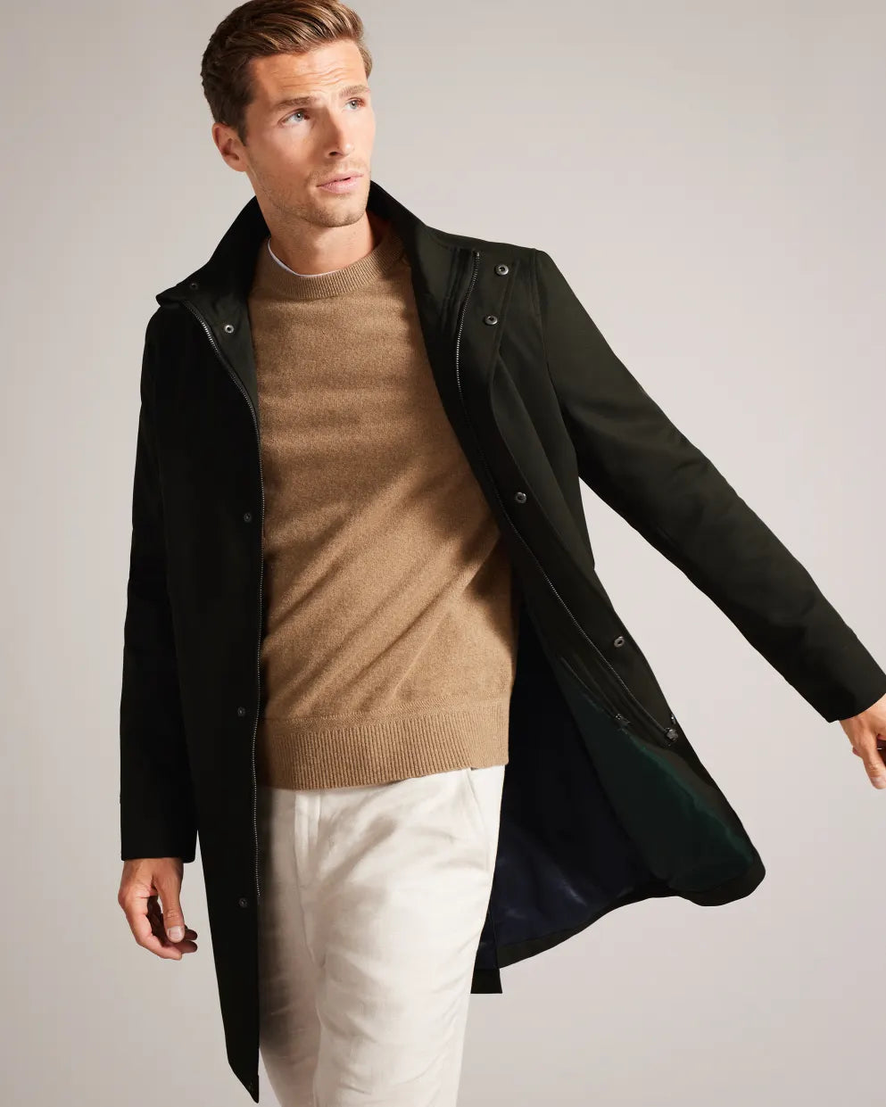 Ted Baker Erolson Longline Funnel Neck Coat | Dark Green