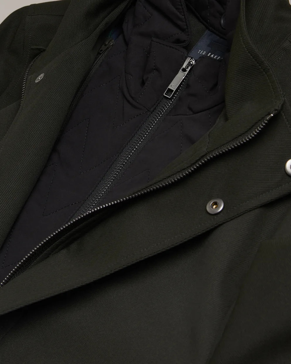 Ted Baker Erolson Longline Funnel Neck Coat | Dark Green