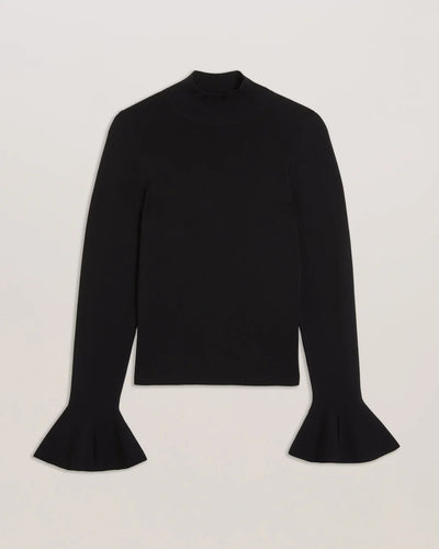 Ted Baker Laynha High Neck Knitted Frill Sleeve Top | Black