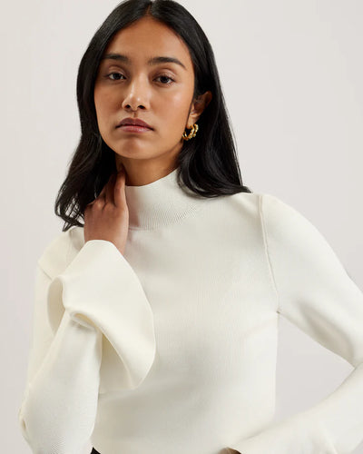 Ted Baker Laynha High Neck Knitted Frill Sleeve Top | Ivory