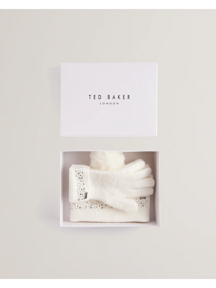 Ted Baker Rhinestone Knitted Hat And Gloves Set | Cream