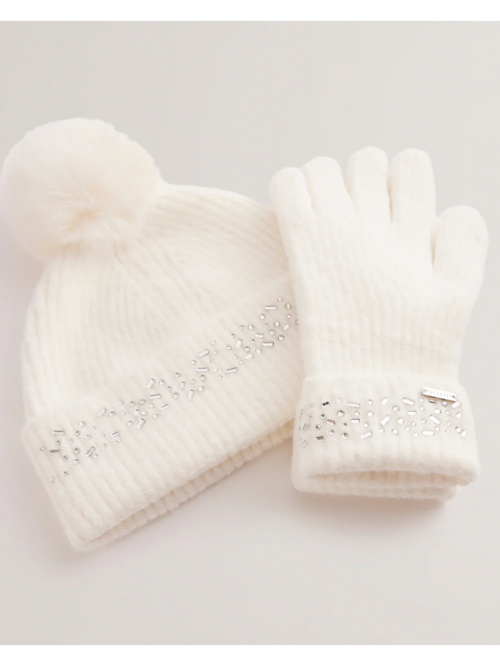 Ted Baker Rhinestone Knitted Hat And Gloves Set | Cream
