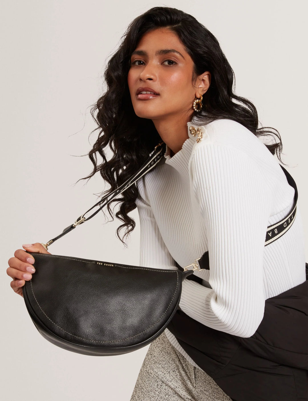 Ted Baker Webbing Strap Leather Sling Crossbody Bag | Black