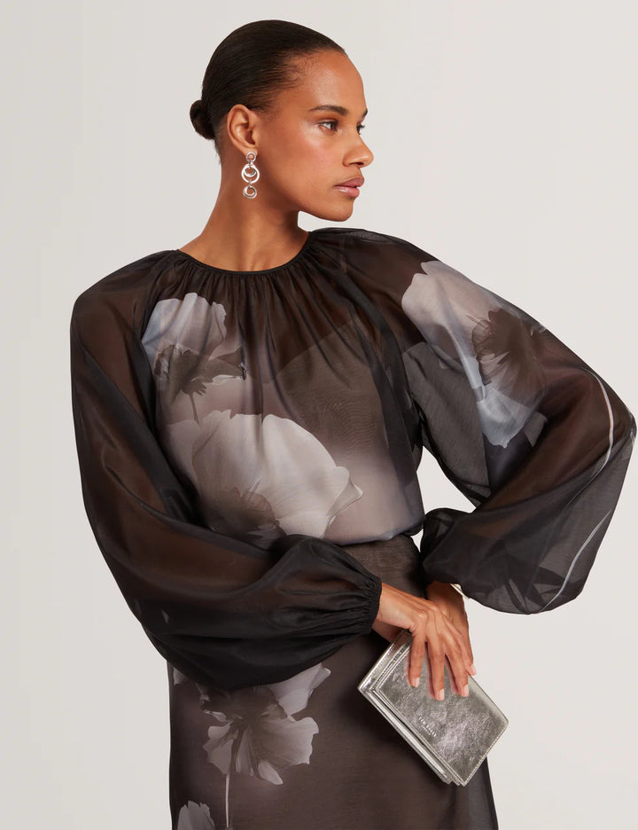 Ted Baker Plaaza Puff Sleeve Blouse with Organza Overlay | Black