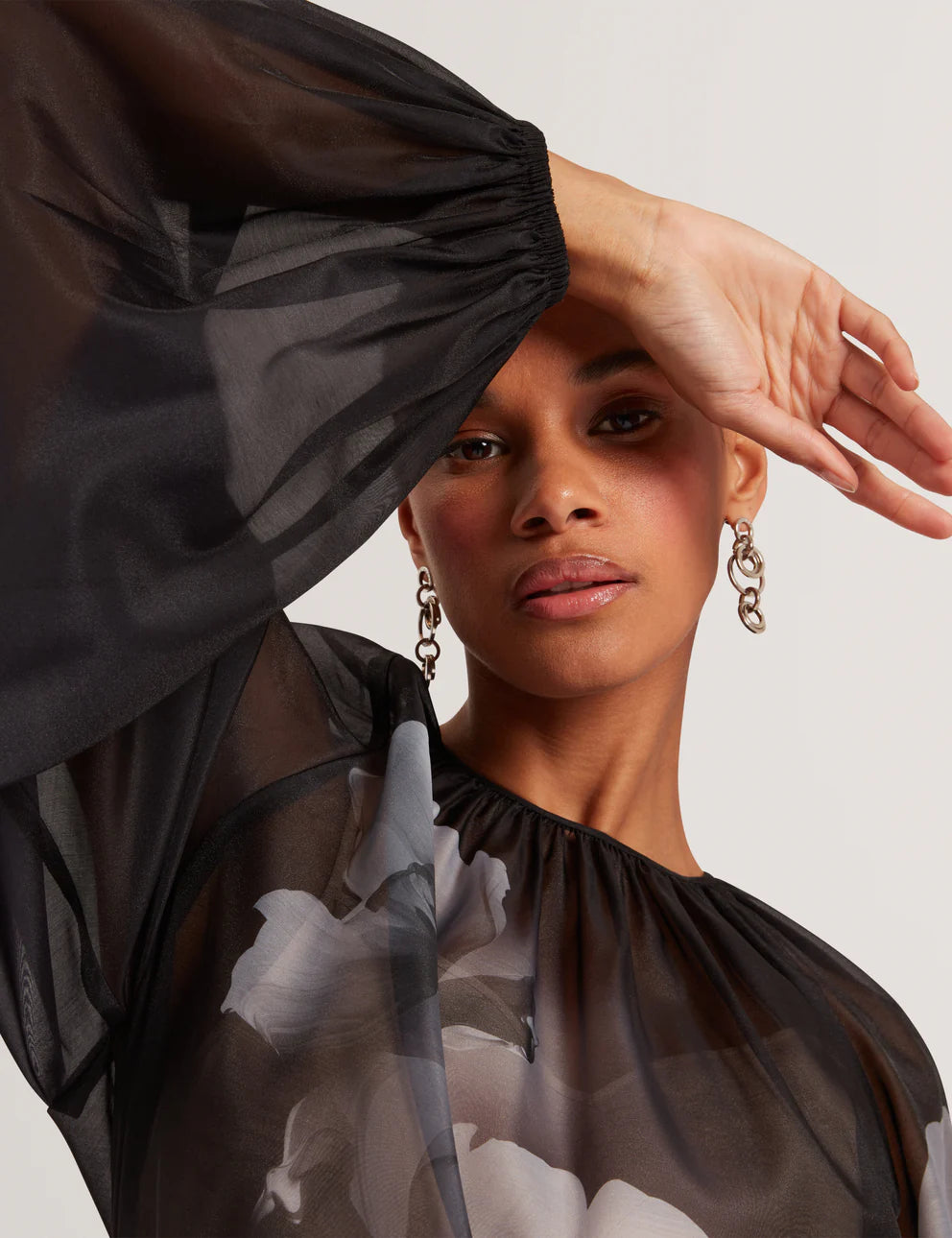 Ted Baker Plaaza Puff Sleeve Blouse with Organza Overlay | Black
