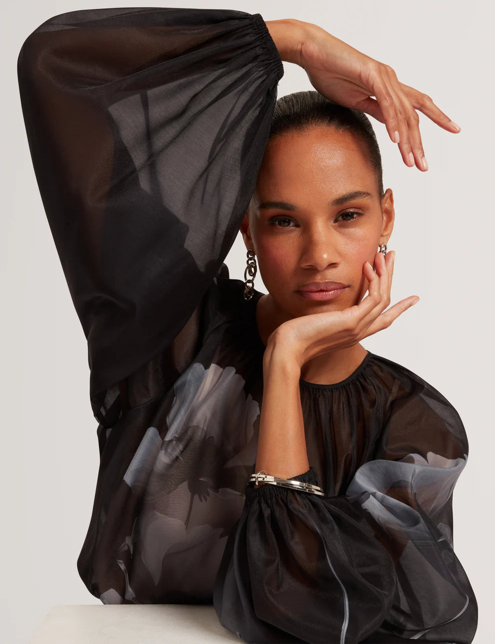 Ted Baker Plaaza Puff Sleeve Blouse with Organza Overlay | Black