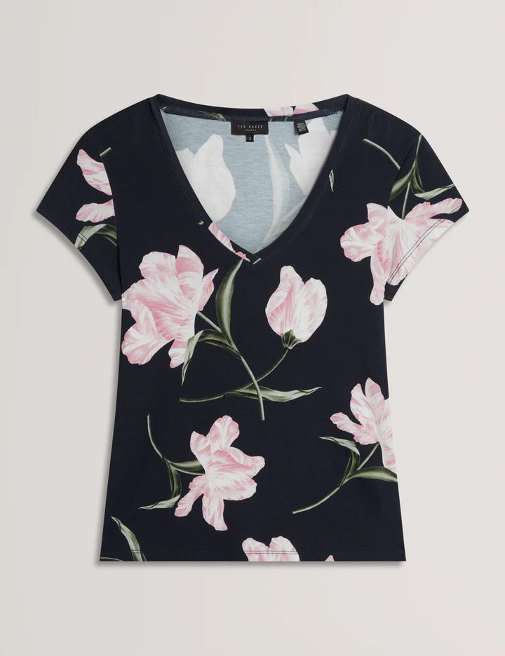 Ted Baker Tulip Print Fitted V-Neck T-Shirt | Navy
