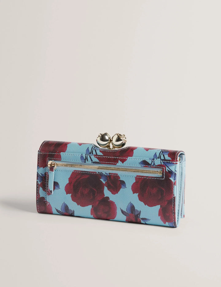Ted Baker Rose Print Bobble Clasp Large Leather Purse | Mid Blue