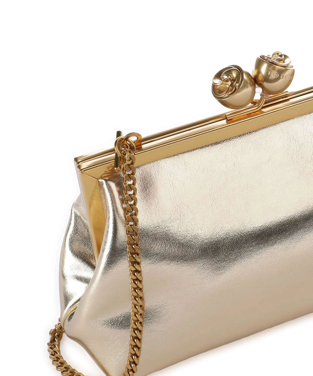 Ted Baker Sylviii Rose Detail Leather Metallic Clutch Bag | Gold