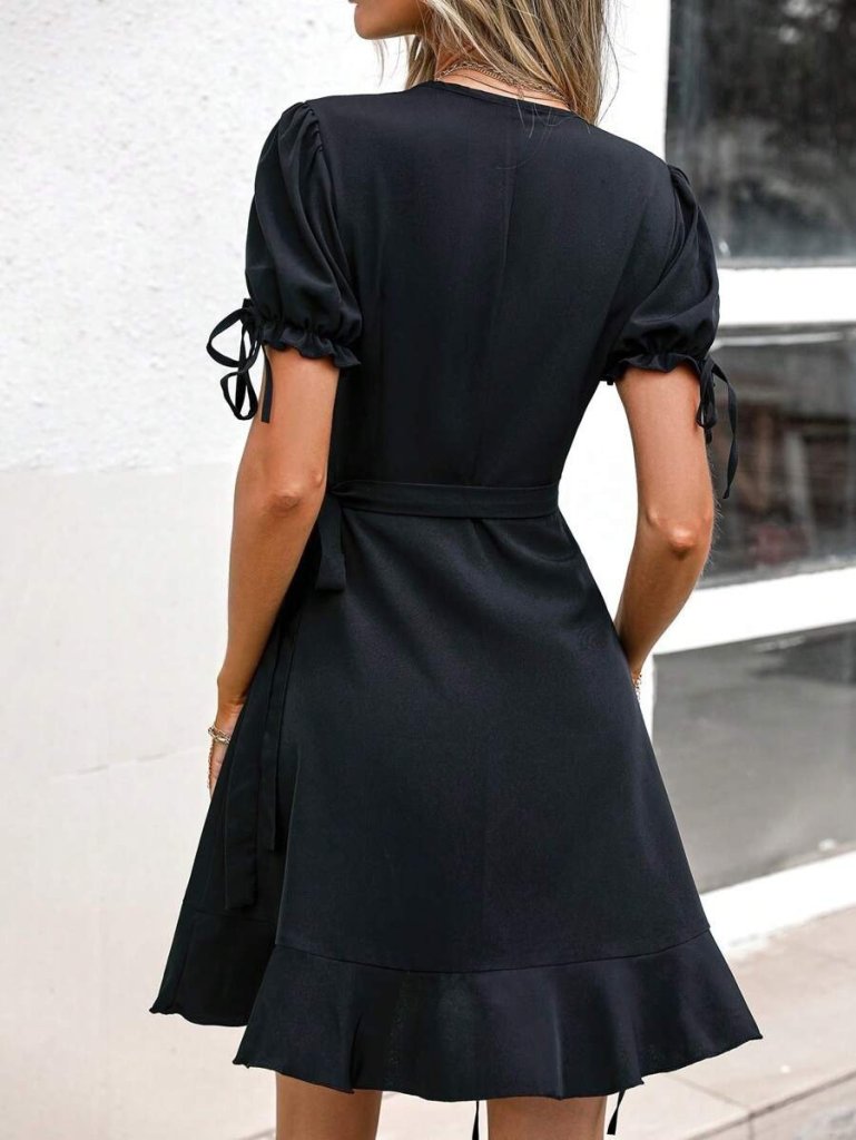 Never Needy Elegant Wrap Dress With Puff Short Sleeves | Black