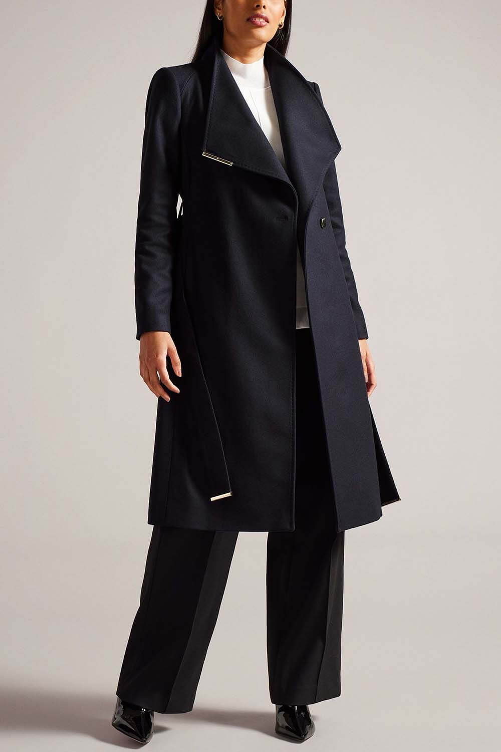 Ted Baker Rose Midi Length Belted Wool Wrap Coat | Navy
