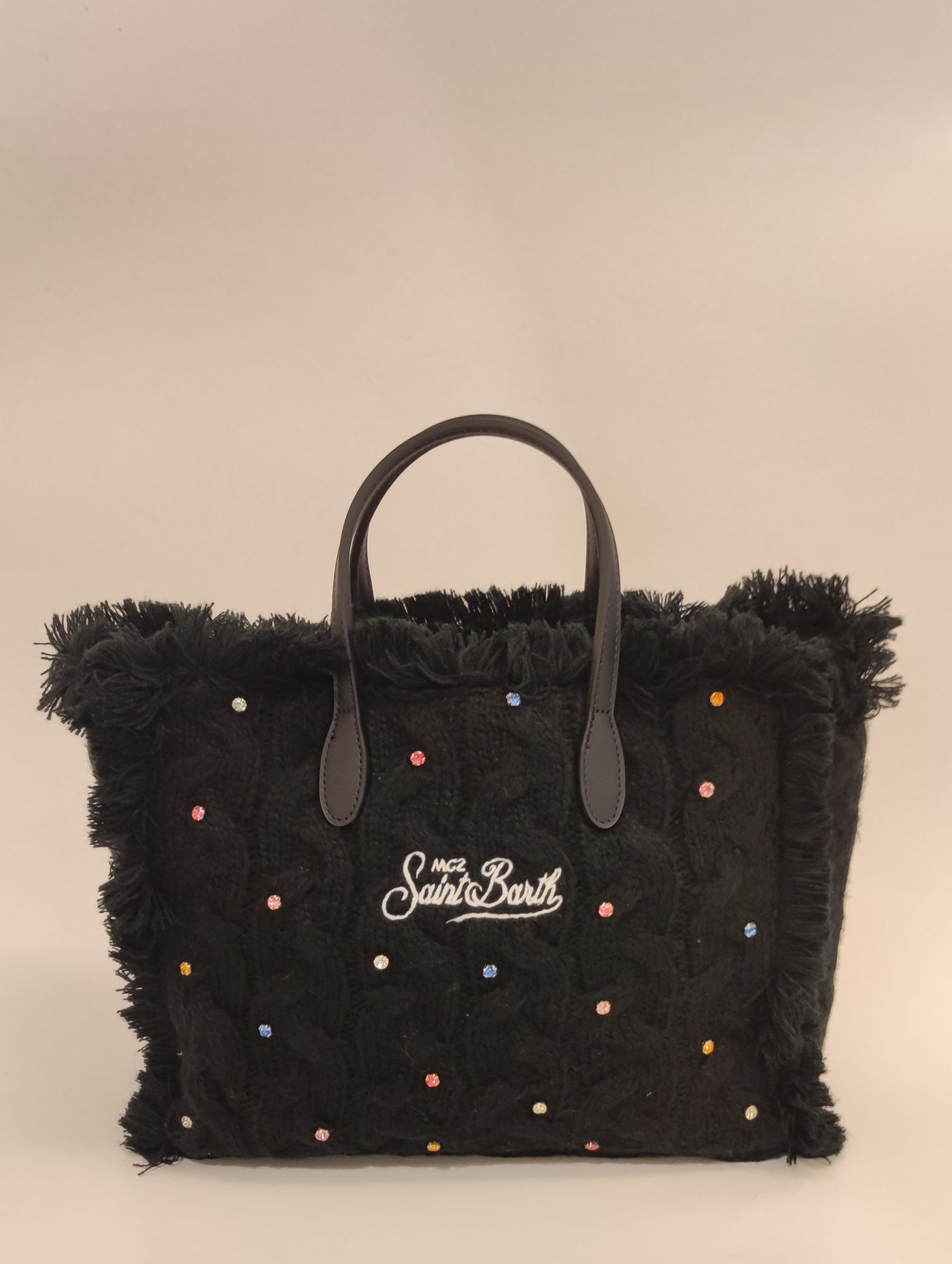 MC2 Saint Barth Cable Knit Colette Handbag with Rhinestones Embellishment | Black