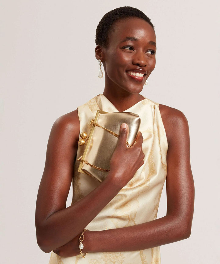 Ted Baker Sylviii Rose Detail Leather Metallic Clutch Bag | Gold