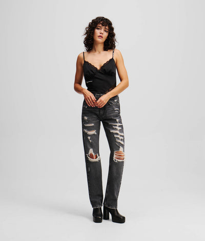 Karl Lagerfeld Staight Distressed High Rise Jeans | Black